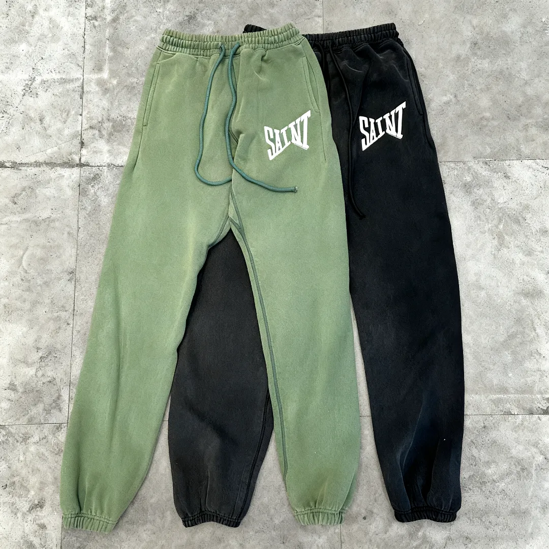 Stylish brand Saint Michael ribon saint pants classic letters retro washed and distressed high street casual loose leggings sweatpants trousers Style number: SM635 Size: S-M-L-XL Color: black-dark green Price: P236